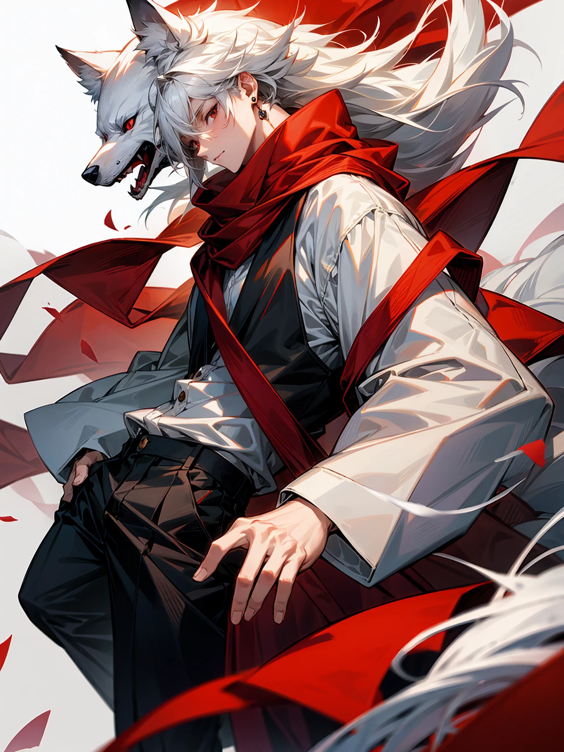 1male, Adult, Long White Hair, White Baggy Long Sleeve Shirt, Baggy Black Pants, Red Eyes, Red Scarf, Earring, Masculine, Beast, Wolf