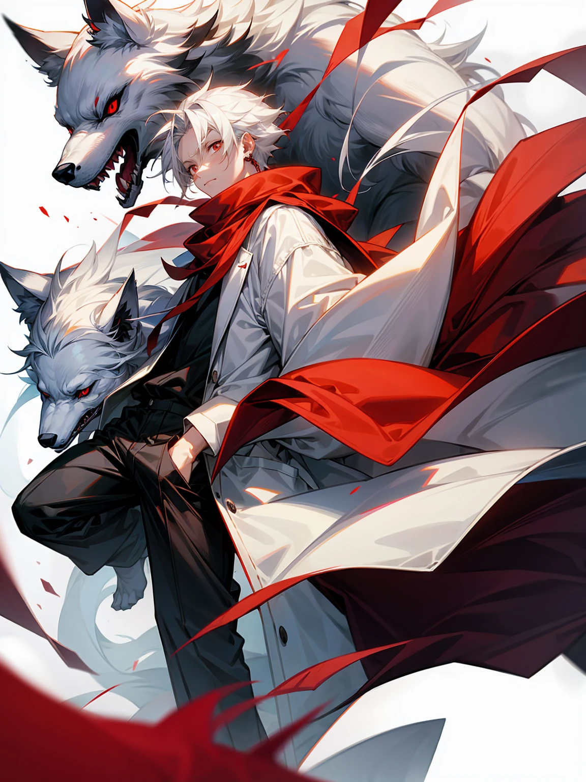 1male, Adult, Long White Hair, White Baggy Long Sleeve Shirt, Baggy Black Pants, Red Eyes, Red Scarf, Earring, Masculine, Beast, Wolf