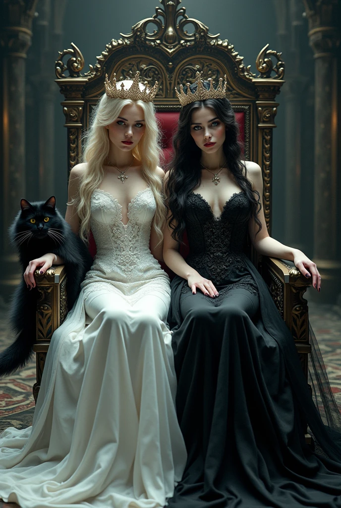 (full body shot:1.3) woman in a white dress sitting on a throne with a crown, an elegant gothic princess, gothic princess portrait, beautiful vampire female queen, gothic regal, dark goth queen with yellow eyes, light blonde long hair, medieval dark fantasy, sitting on white intricate throne, wearing a white gothic dress, beautiful elegant demon queen, lovely white winter princess, a beautiful fantasy empress, beautiful vampire queen. Black cat sitting on her lap. Holding hands and sitting site by site with a (full body shot:1.3) woman in a black dress sitting on a throne with a crown, an elegant gothic princess, gothic princess portrait, beautiful vampire female queen, gothic regal, dark goth queen with yellow eyes, black long hair, medieval dark fantasy, sitting on intricate throne, wearing a gothic dress, beautiful elegant demon queen, lovely dark autumn princess, a beautiful fantasy empress, beautiful vampire queen. White cat sitting on her lap.