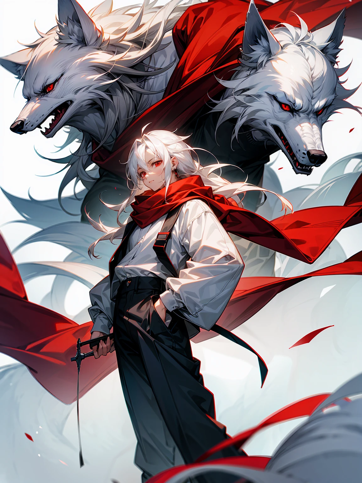 1male, Adult, Long White Hair, White Baggy Long Sleeve Shirt, Baggy Black Pants, Red Eyes, Red Scarf, Earring, Masculine, Beast, Wolf