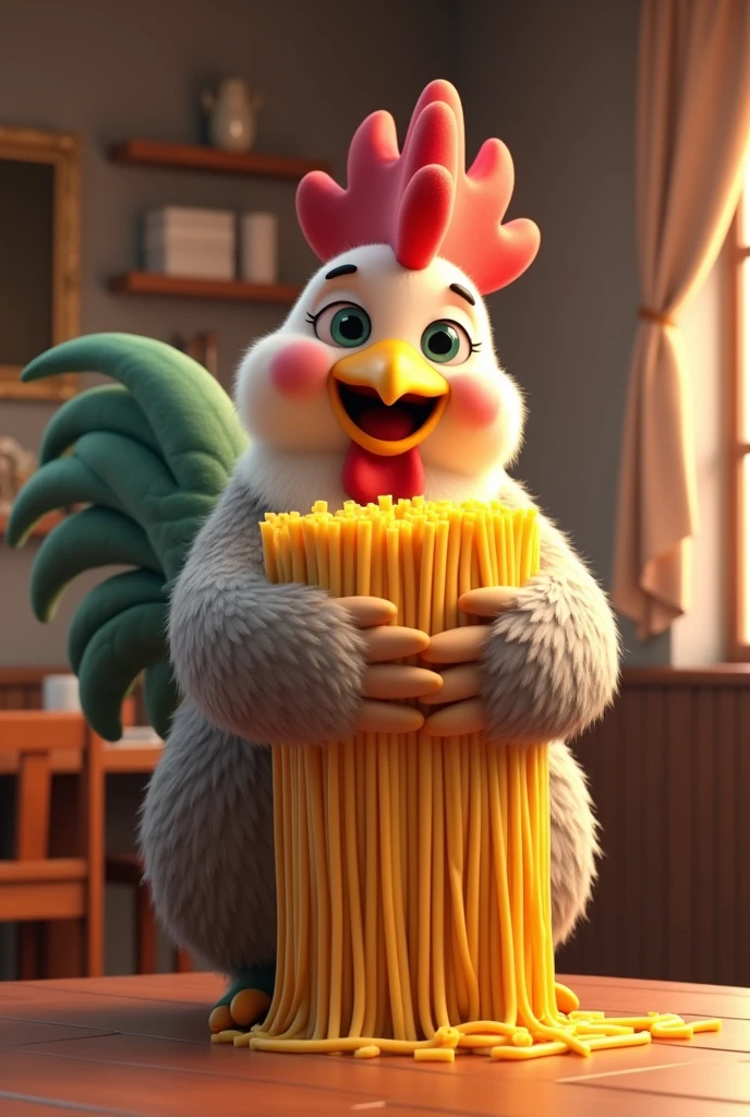 A 3d anime rooster, of a rooster hugging a big package of spaghetti noodles.
Written:
MADUREIRA RESTAURANT