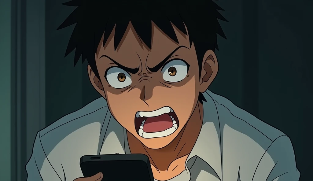 A dramatic scene of a young man staring at his cellphone with intense fury. His face should be contorted with rage, and his expression should clearly convey his anger. The focus should be on the depth of his emotional response, capturing the raw intensity of his frustration. The art style should evoke the detailed and expressive qualities of Studio Ghibli, emphasizing his powerful emotional state.