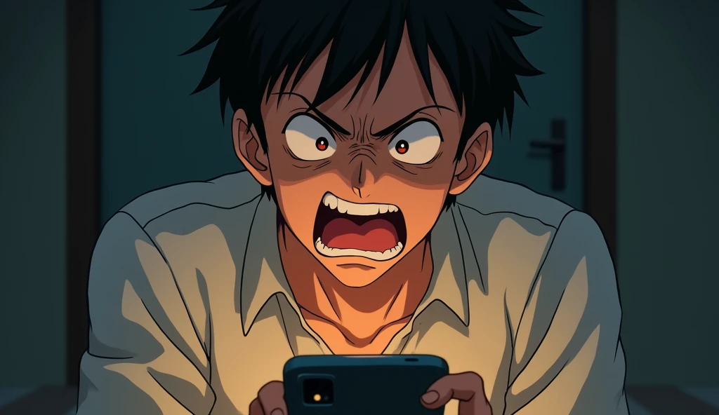 A dramatic scene of a young man staring at his cellphone with intense fury. His face should be contorted with rage, and his expression should clearly convey his anger. The focus should be on the depth of his emotional response, capturing the raw intensity of his frustration. The art style should evoke the detailed and expressive qualities of Studio Ghibli, emphasizing his powerful emotional state.