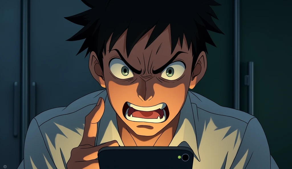 A dramatic scene of a young man staring at his cellphone with intense fury. His face should be contorted with rage, and his expression should clearly convey his anger. The focus should be on the depth of his emotional response, capturing the raw intensity of his frustration. The art style should evoke the detailed and expressive qualities of Studio Ghibli, emphasizing his powerful emotional state.