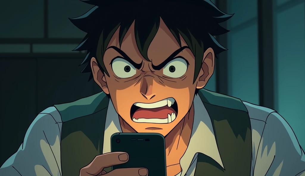 A dramatic scene of a young man staring at his cellphone with intense fury. His face should be contorted with rage, and his expression should clearly convey his anger. The focus should be on the depth of his emotional response, capturing the raw intensity of his frustration. The art style should evoke the detailed and expressive qualities of Studio Ghibli, emphasizing his powerful emotional state.
