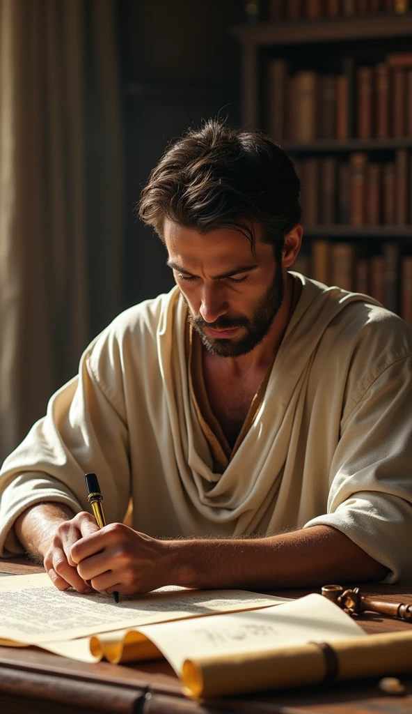 Galeno, a male physician, with a focused expression, wearing a tunic and leather belt, in a scholarly setting, surrounded by scrolls and writing utensils, writing extensively on medical theories, close-up shot, hyper-realistic, photo realistic, cinematography ar—9:16