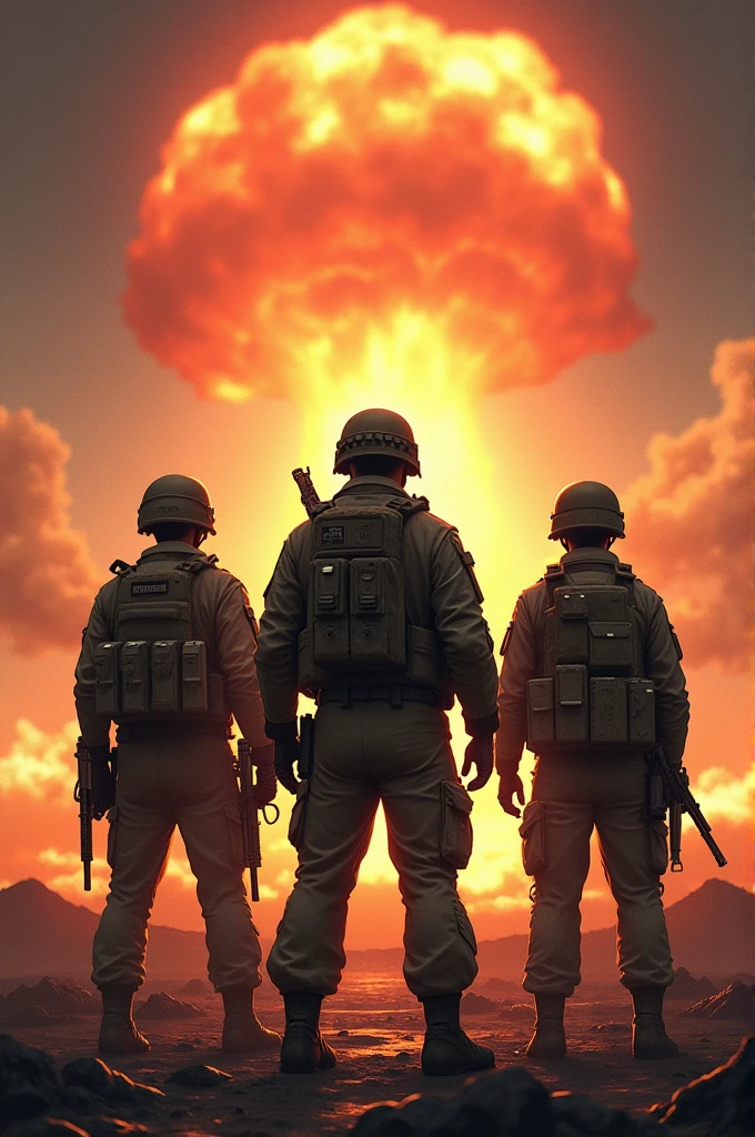 a poster of three soldiers in front of a nuclear explosion, conflict, fighting, album art, war-art style, offcial art, game cover, front cover of a new video game, promo art, Simpsons, comfort, cena de fightinge, splash art brawlstars, conceptual artwork, album cover!, very coherent stylized artwork, official fanart