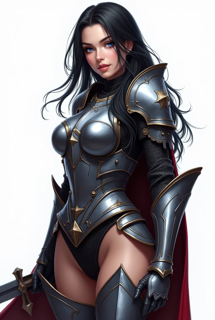 Char set, sprite, knight in black metal armor. blue colored eyes, Caucasian skin, Bblack hair, high qualiy, white background , Woman, age 26 ,big fit ass, Front side and back, peitos big fit asss
