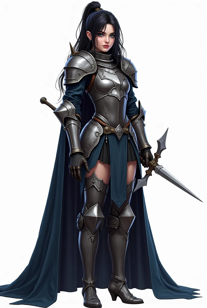 Char set, sprite, knight in black metal armor. blue colored eyes, Caucasian skin, Bblack hair, high qualiy, white background , Woman, age 26 ,big fit ass, Front side and back, peitos big fit asss