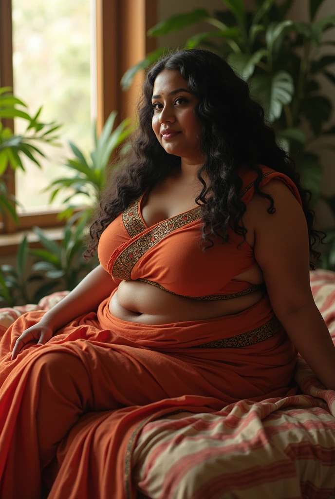 (photorealism:), beautiful hot sexy and bold Bengali chubby milf flex cleavage and deep navel and pussy, sitting on bed, wearing sharee-and sleeve less blouse , long curly hair, indoors, soft lighting, plants in background, window with sunlight, cozy room, relaxed pose, realistic, intricate details, warm colors