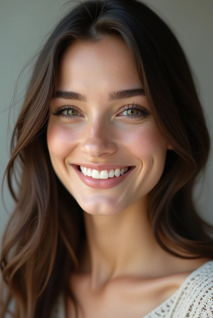 brunette woman, 22 years, frontal photo, natural look, europea, perfect teeth, without makeup, teeth aligned straight and close together, textured skin, (best quality,4k,8k,highres,masterpiece:1.2),ultra-detailed,(realistic,Photorealistic,photo-realistic:1.37), natural skin