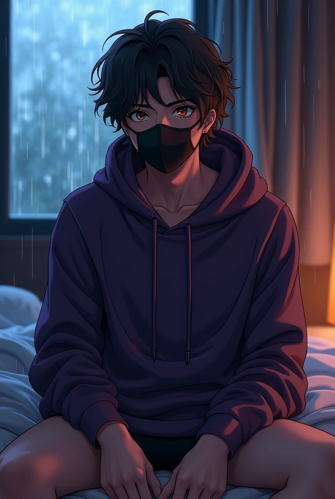 Sexy Anime Guy, Black Curly Hair, Dark Brown Eyes, Wearing Dark Purple Hoodie, Wearing Black Boxer Briefs With Bulge, Using Black Surgery Mask, In Front Of A Night Rain Window In The Bedroom, Guweis Style, Style 3d Realístic Anime