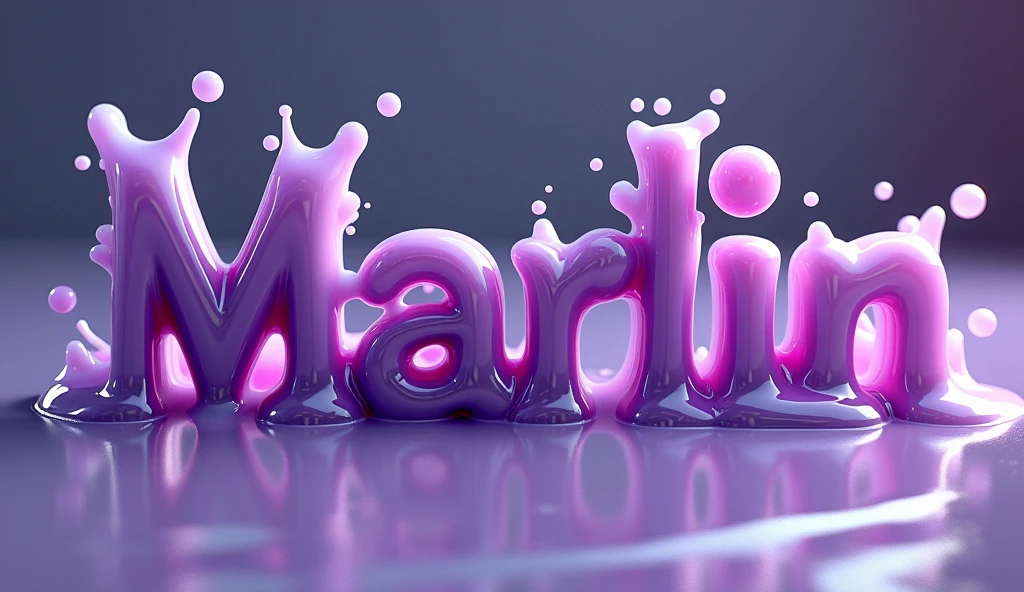 A 3D rendered 3d word 'Marlin' made of a glossy, Transparant liquid or substance. The word appears to be in a fluid state, with droplets and splashes surrounding it. The background is pastel color dark, emphasizing the vibrant violet color of the word.