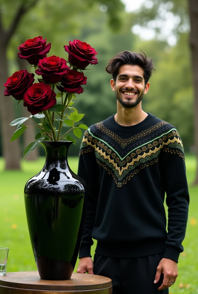 realistic micro professional photography image of glossy shiny sapphire black flower vase with vibrant black Rose'sed with black ornated handsome young Palestina modeling man,black hair,wearing a sweater with vibrant black and greeembroidery flowing dress near standing stylish near the vase,smiling and , written"lentera Dumay"in cursive script,background green lush garden with 🌲ultra HD 64k hyperrealism studio lightning light reflection