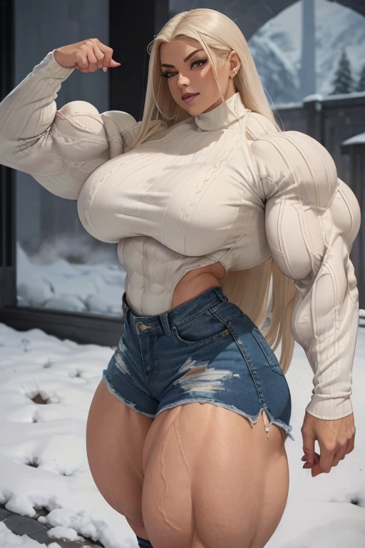 ((Close-up)), tall, White haired woman, long straight hair, light brown skinned, closed smile, (black lipstick), (massive muscles), (hyper muscle), (ginormous bulky muscles), blue eyes, ((long sleeve white turtleneck sweater and denim shorts)), sneakers, choker, sneakers, snowy hills, (flexing)