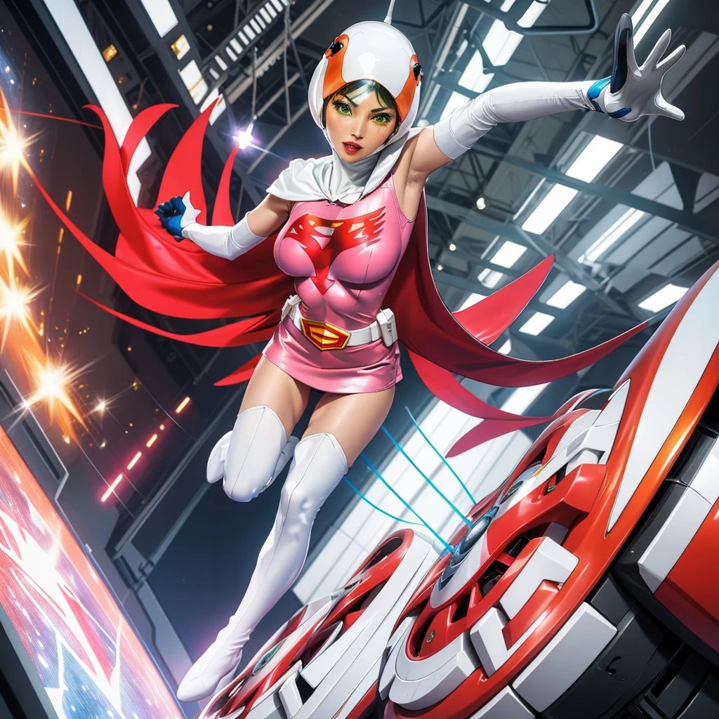 ANI_CLASSIC_jun_gatchaman_ownwaifu,1girl, ,good anatomy, masterpiece, best quality,realistic, hyperrealistic, 16k hdr,breasts,green eyes,lips,large breasts,lipstick,makeup,gloves,cape,helmet,belt,elbow gloves,white gloves,mask,ultra miniskirt,leotard,spacesuit,white tight overknee highheels boots,pink dress,superhero,bodysuit,cleavage,erected nipples,((jumping poses)),cameltoe