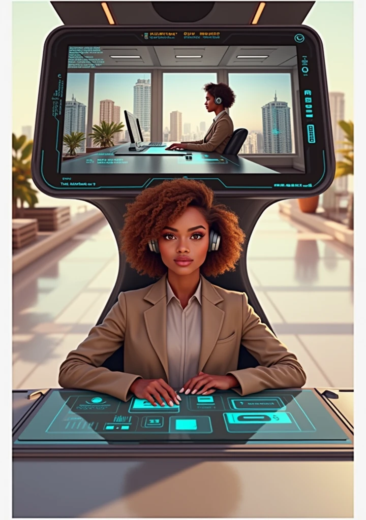 Create an image of a young woman resembling Andy Allo, working as a customer service representative in a futuristic setting. She has medium-length, curly hair with a golden brown hue and a warm skin tone. She is wearing a casual yet professional outfit, like a fitted jacket over a simple blouse. The setting around her is a high-tech office space with holographic screens and digital interfaces floating around her. She is seated at a sleek desk with a headset on, and her expression is focused yet approachable, capturing the charm and elegance similar to Andy Allo. The background features large windows showing a cityscape with tall buildings and a bright, clear sky.