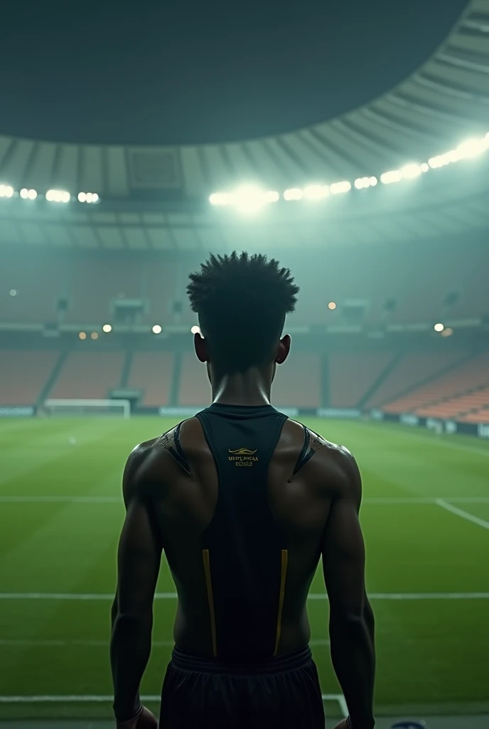 cyborg young man, Afro-Portuguese descent man, short afro hair, in soccer stadium, dark green field grass, dim light, (realistic, photo-realistic:1.37), (natural skin texture, hyperrealism, soft light, sharp:1.2), foggy, (detailed:1.1), (high sharpness), photographed by Canon EOS R6, 135mm, 1/1250s, f/2.8, ISO 400,