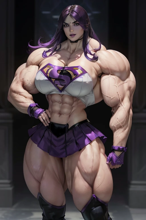 (((Close-up))), tall, (violet purple hair) beautiful muscular woman, long hair with long bangs, pale white skinned, closed smile, large breast, (black lipstick), (massive muscles), (hyper muscle), ((ginormous bulky muscles)), black eyes, (((violet supergirl suit))), (violet supergirl skirt), gauntlets, choker, boots, (in fortress of solitude)