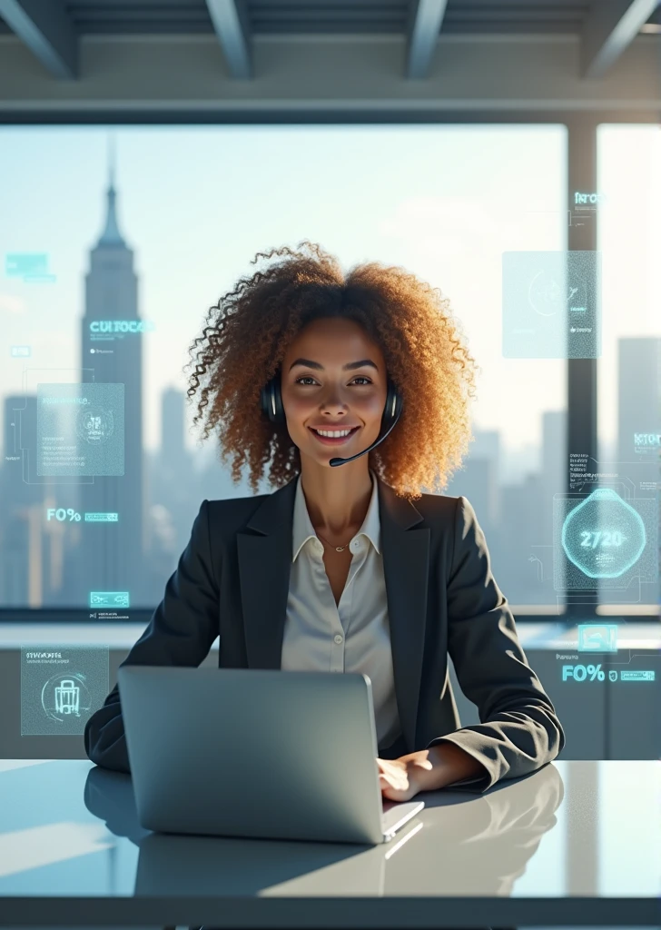 Create an image of a young woman resembling Andy Allo, working as a customer service representative in a futuristic setting. She has medium-length, curly hair with a golden brown hue and a warm skin tone. She is wearing a casual yet professional outfit, like a fitted jacket over a simple blouse. The setting around her is a high-tech office space with holographic screens and digital interfaces floating around her. She is seated at a sleek desk with a headset on, and her expression is focused yet approachable, capturing the charm and elegance similar to Andy Allo. The background features large windows showing a cityscape with tall buildings and a bright, clear sky.