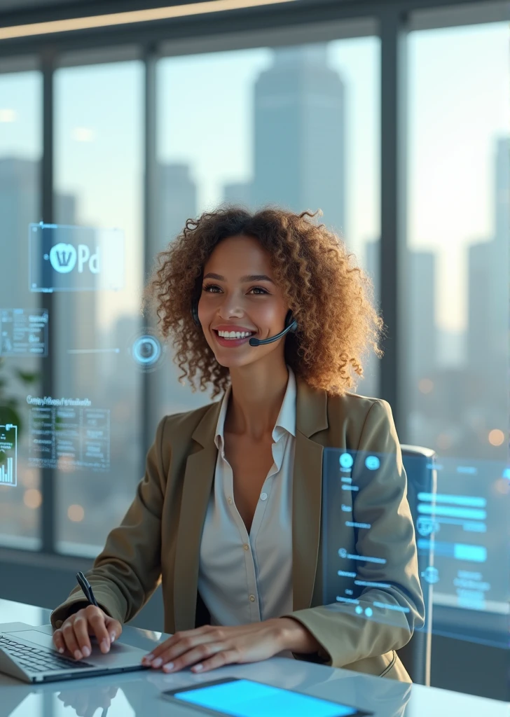 Create an image of a young woman resembling Andy Allo, working as a customer service representative in a futuristic setting. She has medium-length, curly hair with a golden brown hue and a warm skin tone. She is wearing a casual yet professional outfit, like a fitted jacket over a simple blouse. The setting around her is a high-tech office space with holographic screens and digital interfaces floating around her. She is seated at a sleek desk with a headset on, and her expression is focused yet approachable, capturing the charm and elegance similar to Andy Allo. The background features large windows showing a cityscape with tall buildings and a bright, clear sky.