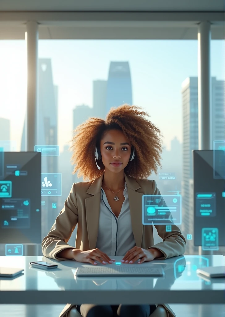 Create an image of a young woman resembling Andy Allo, working as a customer service representative in a futuristic setting. She has medium-length, curly hair with a golden brown hue and a warm skin tone. She is wearing a casual yet professional outfit, like a fitted jacket over a simple blouse. The setting around her is a high-tech office space with holographic screens and digital interfaces floating around her. She is seated at a sleek desk with a headset on, and her expression is focused yet approachable, capturing the charm and elegance similar to Andy Allo. The background features large windows showing a cityscape with tall buildings and a bright, clear sky.