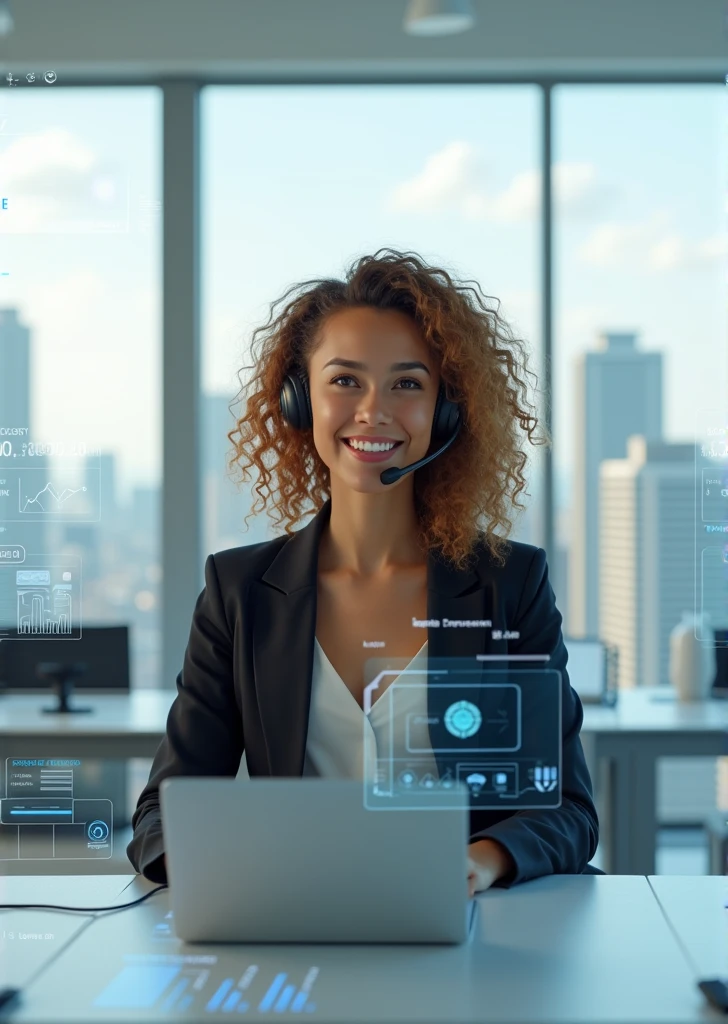 Create an image of a young woman resembling Andy Allo, working as a customer service representative in a futuristic setting. She has medium-length, curly hair with a golden brown hue and a warm skin tone. She is wearing a casual yet professional outfit, like a fitted jacket over a simple blouse. The setting around her is a high-tech office space with holographic screens and digital interfaces floating around her. She is seated at a sleek desk with a headset on, and her expression is focused yet approachable, capturing the charm and elegance similar to Andy Allo. The background features large windows showing a cityscape with tall buildings and a bright, clear sky.