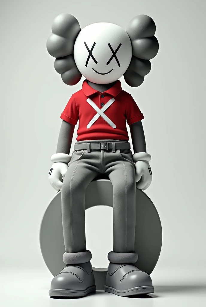 A shot of a gray Kaws style plushie of a seated figure with one leg raised. The figure is sitting sideways and has a large X on the chest. He is dressed in a red and white polo shirt and a pair of Nike sneakers. The background is simple. Sentado encima de la letra "o"mirando hacia la izquierda en posición de lado elegante