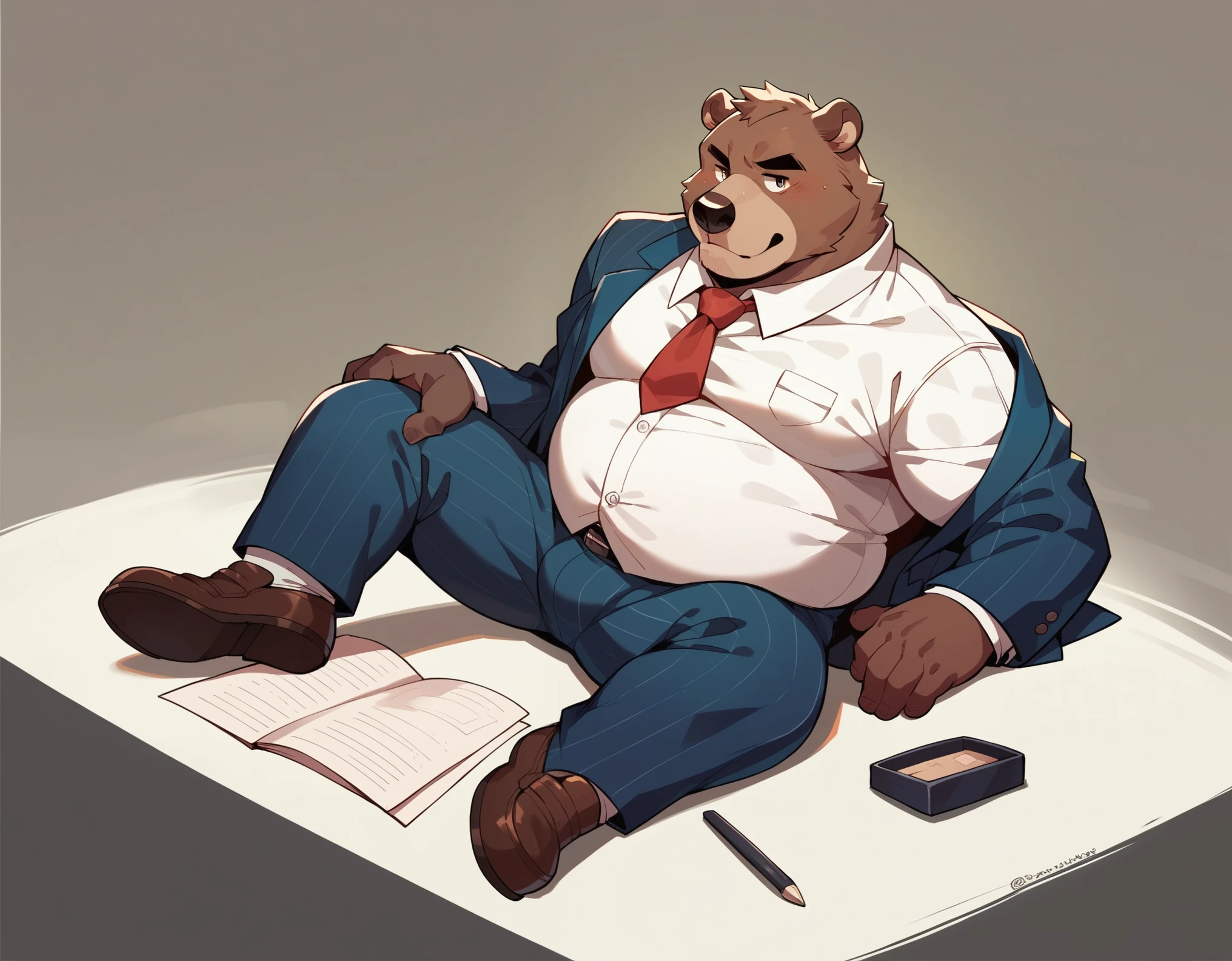 New Jersey 5 Hairy, Bear,full body portrait, male,exquisite, chubby,thick arms,plush fur,front,stand,button shirt,white lining,black trousers,office,sit down,sweating,Smile