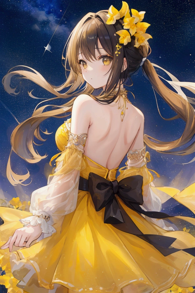 girl with her back turned looks at the starry sky over a field of yellow orchids, in the sky the stars form the symbol of the sign Virgo, girl wears amber colored dress that is fluttered by the breeze of the wind, hair in the wind, beautiful night