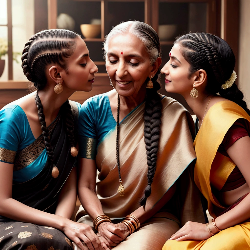 three indian eldery,mature,younger huththige kello  in sarees at luxerius cozy items sorrounded cozy home,their black 10 numbers of french braids 100 liters of oil poured over their hairs making slick shinning like mirrors,each of the french braids highly visible seperately,tongues are highly visible,kissing