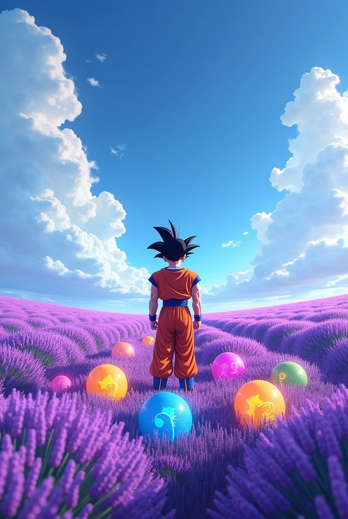 A lavender field with Goku and the Dragon Balls from planet Earth 