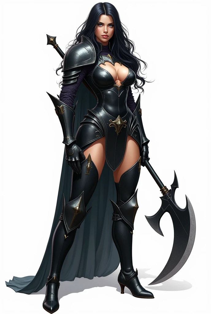 Char set, sprite, knight in black metal armor. blue colored eyes, Caucasian skin, Bblack hair, high qualiy, white background , Woman, age 26 ,big fit ass, Front side and back, peitos big fit asss, whole body, long metal handle axe