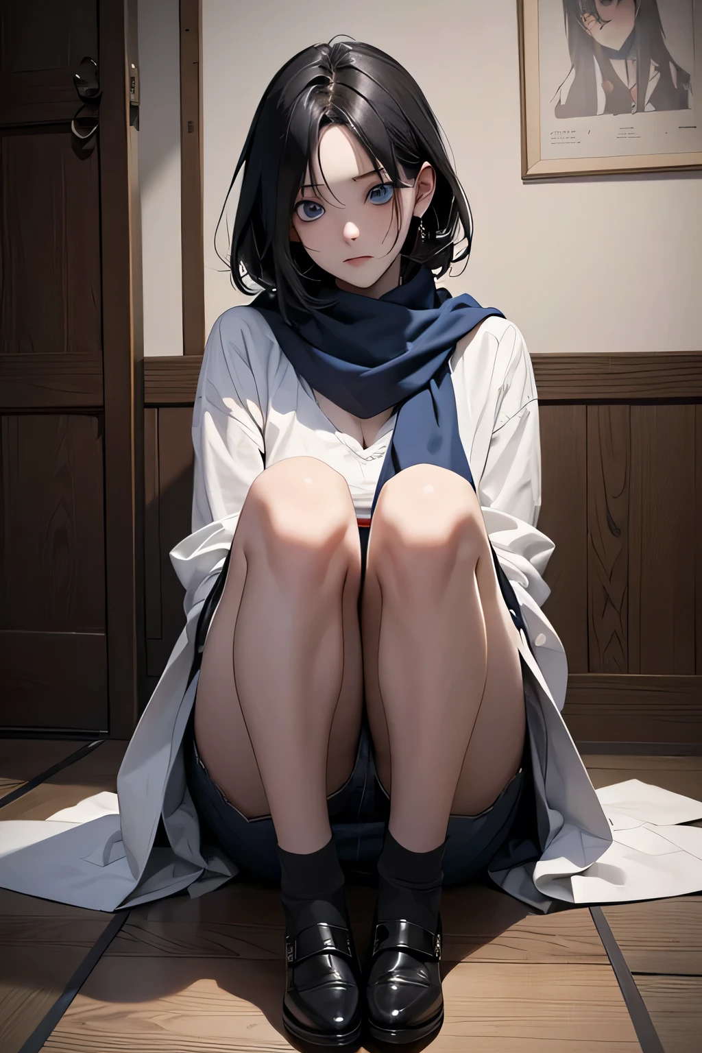 (best quality、masterpiece、high resolution)、4K Art、reality、concept art、portrait、whole body、female、40 years old、big bust、black hair、short bob、 female、beautiful skin、white blouse、((dark cafe)),japanese cartoon movies, A girl with black hair and a scarf is sitting on the floor, Sebastian Michaelis, gapmoe Yandere grimdark, Hugging your knees, romanticism, Lost in despair, sad vampire, gapmoe Yandere, Tired and haunted look, Despair, jeff the killer, Yandere, emo japanese cartoon movies girl, tall japanese cartoon movies guy with blue eyes