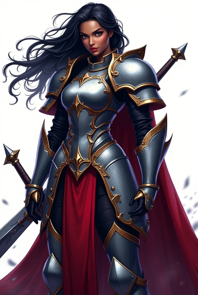d&d, black female, loose and wavy hair, heavy medieval armor covering the entire body, elsword, Two-tone lighting, hight contrast, dramatic light and shadow, dramatic features, color palette Vibrantes, white background, traditional comic art, CARTOON ART