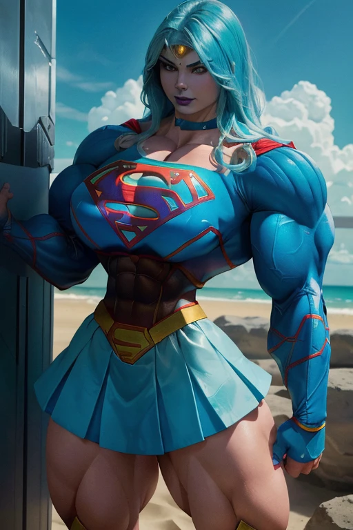 (((Close-up))), tall, (cyan hair) beautiful muscular woman, long beachy hair, pale white skinned, closed smile, large breast, (black lipstick), (massive muscles), (hyper muscle), ((ginormous bulky muscles)), purple eyes, (((cyan supergirl suit))), (cyan supergirl skirt), gauntlets, choker, boots, (in fortress of solitude)