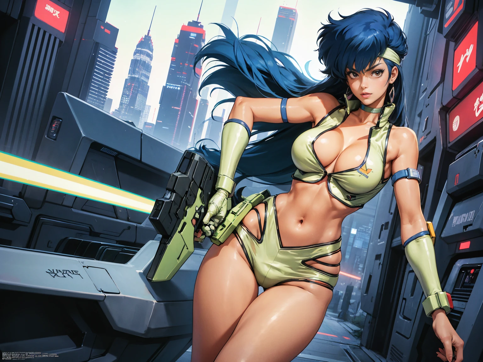 Yuri from The Dirty Pair, , wearing a tight outfit, skimpy, medium breast, (long hair), dark blue hair, beauty, cyberpunk city background, holding retro space-gun, cleavage, slim waist, slim thighs, thigh gap, (light yellow uniform), show belly