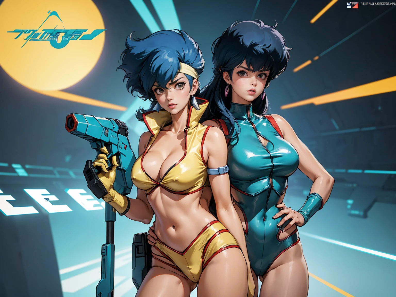 Yuri from The Dirty Pair, , wearing a tight outfit, skimpy, medium breast, (long hair), dark blue hair, beauty, cyberpunk city background, holding retro space-gun, cleavage, slim waist, slim thighs, thigh gap, (light yellow uniform), show belly