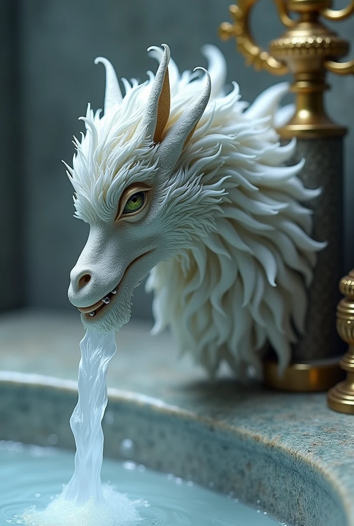 Mist Faucet Features: Griffin with grey feathers and body covered in white hair that looks like mist.