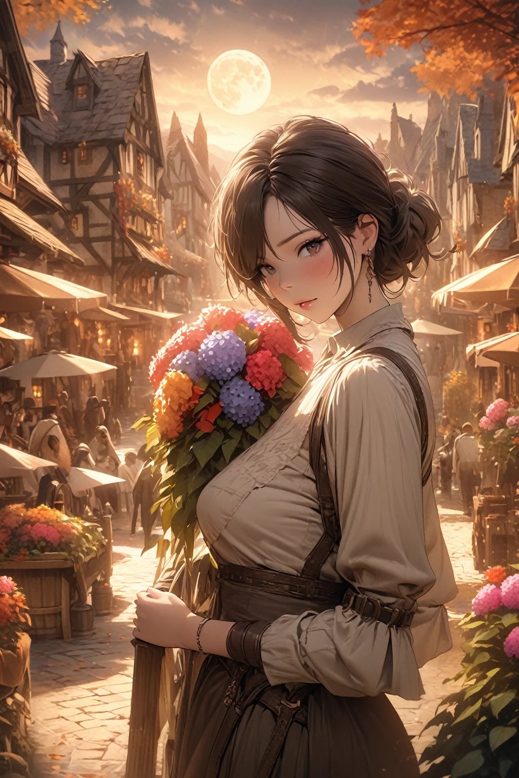 masterpiece, best quality, high quality, Very detailed CG 8k wallpaper unit, landscape, outdoor, set up, medieval tavern, autumn sky, autumn dusk, Autumn And Winter, cloudy day, The big moon shines, Award-winning photography, depth of field, high dynamic range, flowers, fountain, hydrangeas, lifelike, Very detailed, complex, high detail, dramatic, art on the go, Artstation trends, CG social trends, Color difference.