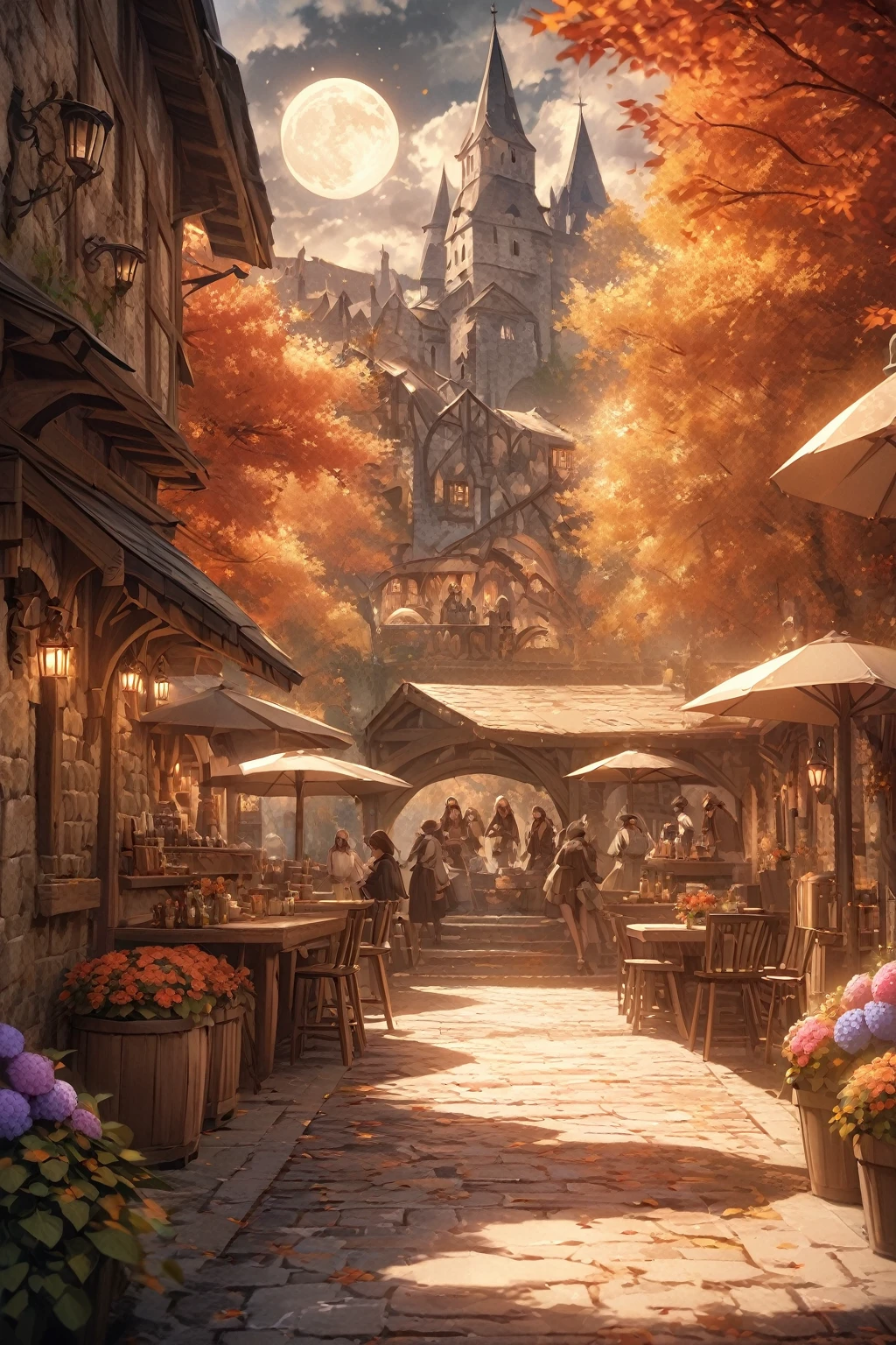 masterpiece, best quality, high quality, Very detailed CG 8k wallpaper unit, landscape, outdoor, set up, medieval tavern, autumn sky, autumn dusk, Autumn And Winter, cloudy day, The big moon shines, Award-winning photography, depth of field, high dynamic range, flowers, fountain, hydrangeas, lifelike, Very detailed, complex, high detail, dramatic, art on the go, Artstation trends, CG social trends, Color difference.