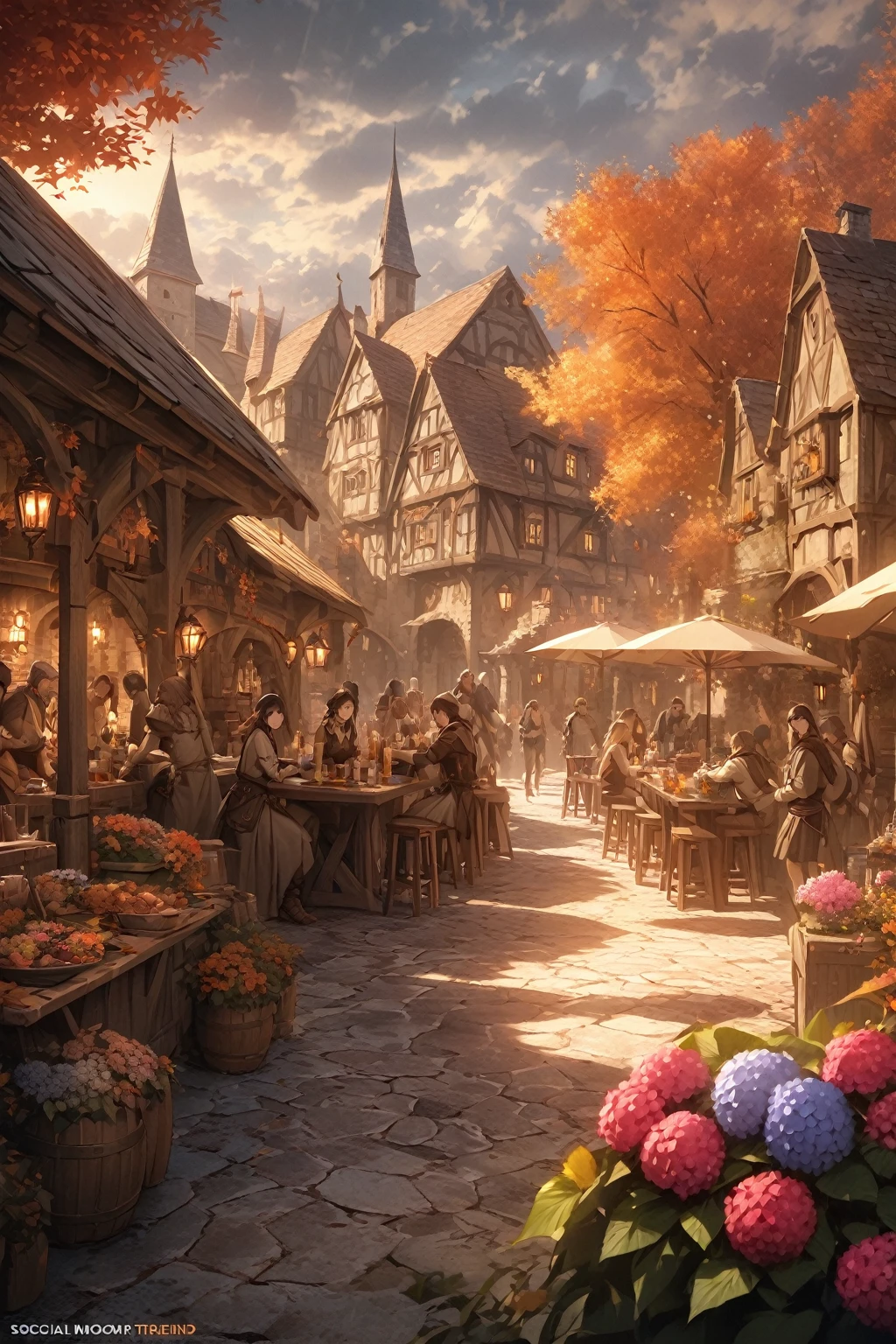 masterpiece, best quality, high quality, Very detailed CG 8k wallpaper unit, landscape, outdoor, set up, medieval tavern, autumn sky, autumn dusk, Autumn And Winter, cloudy day, The big moon shines, Award-winning photography, depth of field, high dynamic range, flowers, fountain, hydrangeas, lifelike, Very detailed, complex, high detail, dramatic, art on the go, Artstation trends, CG social trends, Color difference.