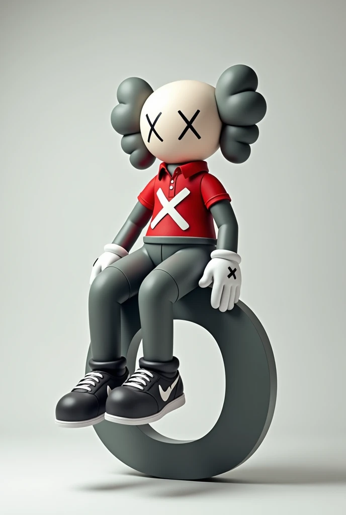 A shot of a gray Kaws style plushie of a seated figure with one leg raised. The figure is sitting sideways and has a large X on the chest. He is dressed in a red and white polo shirt and a pair of Nike sneakers. The background is simple. Sentado encima de la letra "o"mirando hacia la izquierda en posición de lado elegante