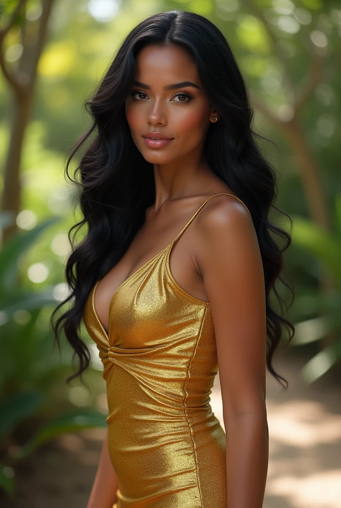 INSTAGRAM MODEL , with long wavy black hair , with beautiful sexy golden dress, full body view, (big boobs) hourglass figure , outside, white girl ,