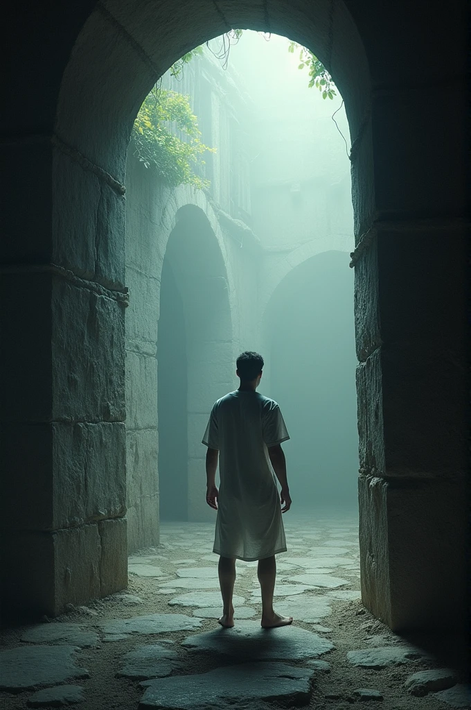 Create the image of a strong, young white man, he is trapped in a large well-shaped prison, deep and ancient, he is standing looking up,where he sees the exit and also the silhouette of a man