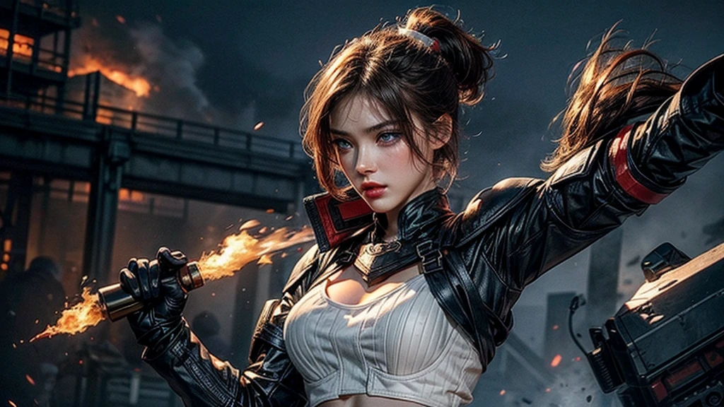 A very beautiful female gaming character, standing in aggressive pose, very pretty girl, with proud looks, heavy fire in the background, blue eyes, pretty red lips, white face, ultra high definition, awesome clothing, gorgeous, classy, medium-short length hair, high pony.