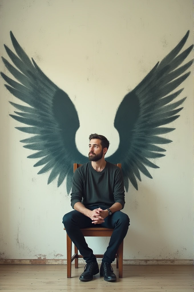 Man sitting on a wooden chair behind him a picture of wings painted on a wall