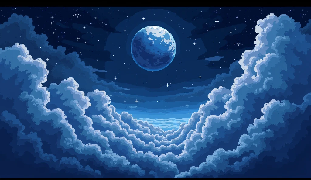 Pixel Art, pixelated, detailed pixel art, worst quality, low quality:1.3, pixel art style, pixel art, 8bit, lowres, scanlines, Art lighting, contrast color, photorealistic, detailed, composition, (Pixel art, blue night, on big clouds, star lights, like a moon earth)