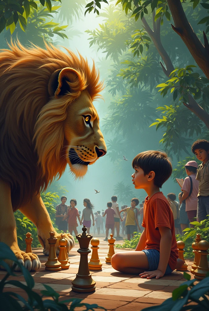 Create an image of a lion vs a child playing a game of chess in the middle of a jungle full of people, animals and children