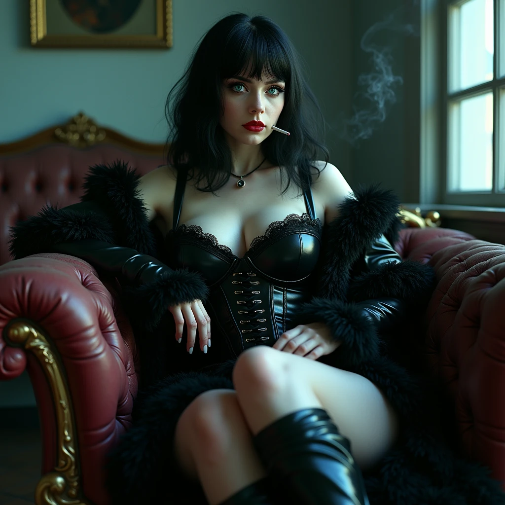 ((best quality)), 8k, Surrealism. (((Masterpiece)) A tall, thick, and sexy 1 girl, with black hair, teal blue eyes, and pale and white skin. Wearing shiny frilly black Gothic clothes. Smoking a cigarette and sitting on a sofa with her legs crossed. Red plump lips. Long lashes, nice breasts. Long boots. Corset. Two legs, two arms. Close to the camera. Bottom angle. Looking down and smirking maliciously. (((Bottom angle))) ((sexy))) ((sexy pose))) wide hips.
